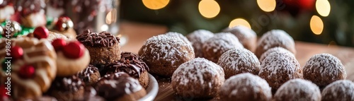 A festive array of delicious Christmas cookies displayed on a wooden table, perfect for holiday celebrations and gatherings.