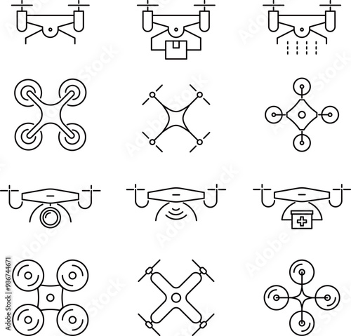ベクターでモノクロのドローンの線画アイコンセット
