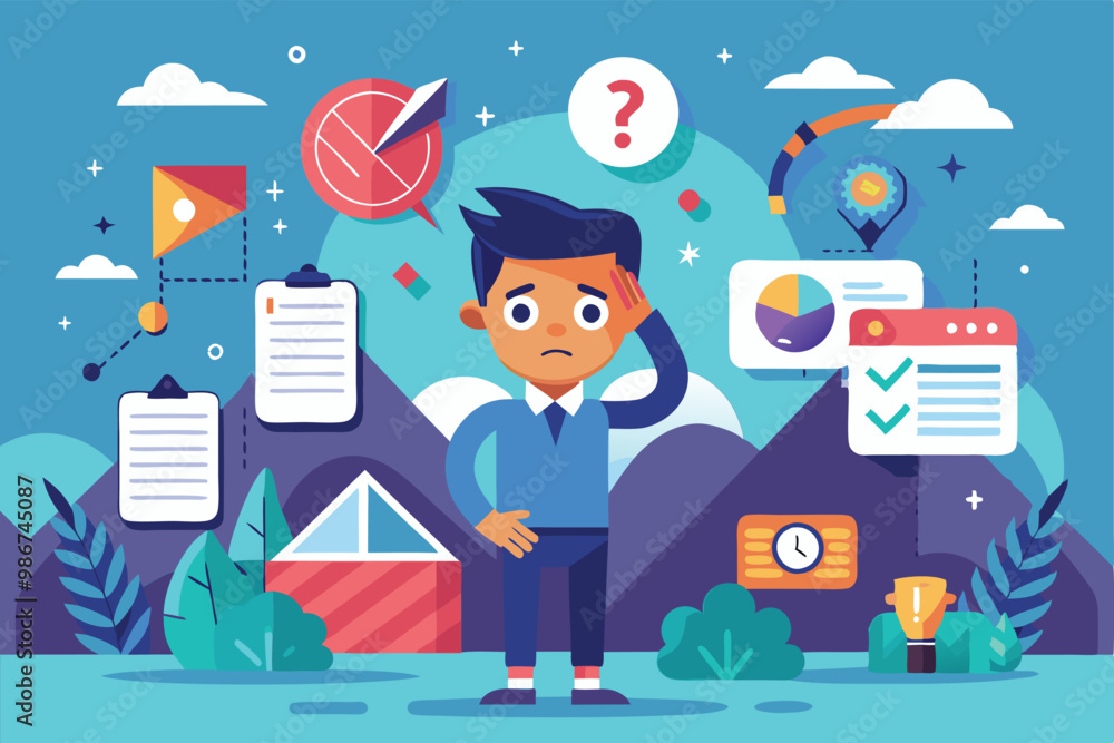 Obraz premium A person stands thoughtfully among various symbols of missed chances and planning elements in a colorful backdrop, Customizable flat illustration for missed opportunities.