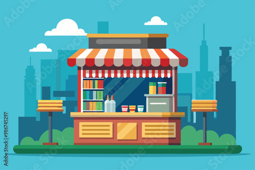 A colorful newsstand offers newspapers and beverages against a backdrop of tall buildings, Customizable flat illustration for newsstand.