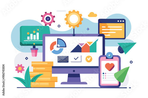 This illustration features digital marketing tools with charts, graphs, and devices for boosting conversions, Customizable flat illustration for optimizing conversion rates.