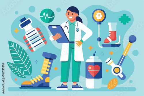 A cheerful orthopedic specialist stands with a clipboard amid various medical tools and imagery related to orthopedics, Customizable flat illustration for orthopedics