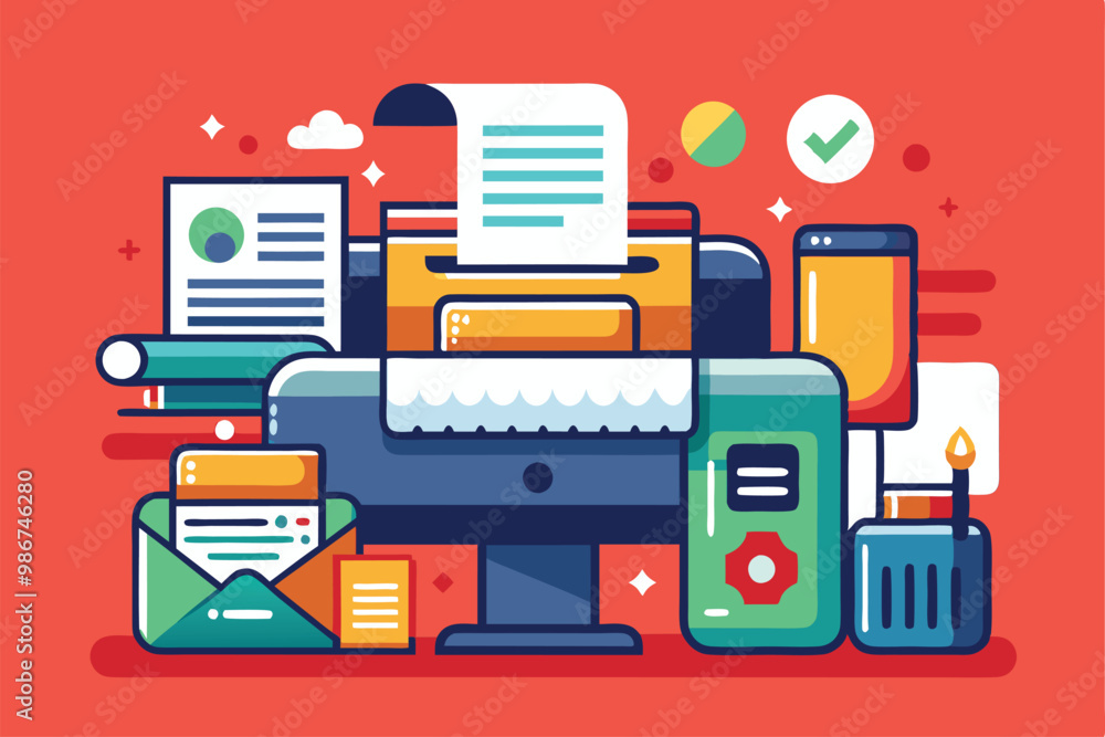A vibrant illustration showcasing various office supplies and digital devices designed for photocopying, Customizable flat illustration for photocopying. A vibrant illustration showcasing various office supplies and digital devices designed for photocopying, Customizable flat illustration for photocopying.