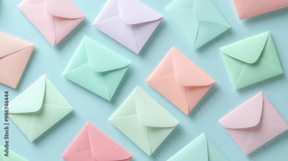 Blank envelopes in various pastel colors, scattered on a pastel blue background, isolated for a stylish and modern look. Blank envelopes in various pastel colors, scattered on a pastel blue background, isolated for a stylish and modern look.