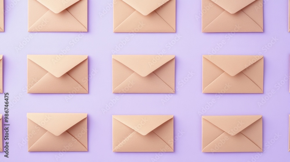 Blank kraft paper envelopes neatly arranged on a pastel lavender background, isolated for a simple and natural feel. Blank kraft paper envelopes neatly arranged on a pastel lavender background, isolated for a simple and natural feel.