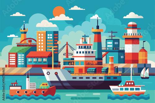 A vibrant port features various ships, modern buildings, and a lighthouse under a sunny sky, Customizable flat illustration for port.