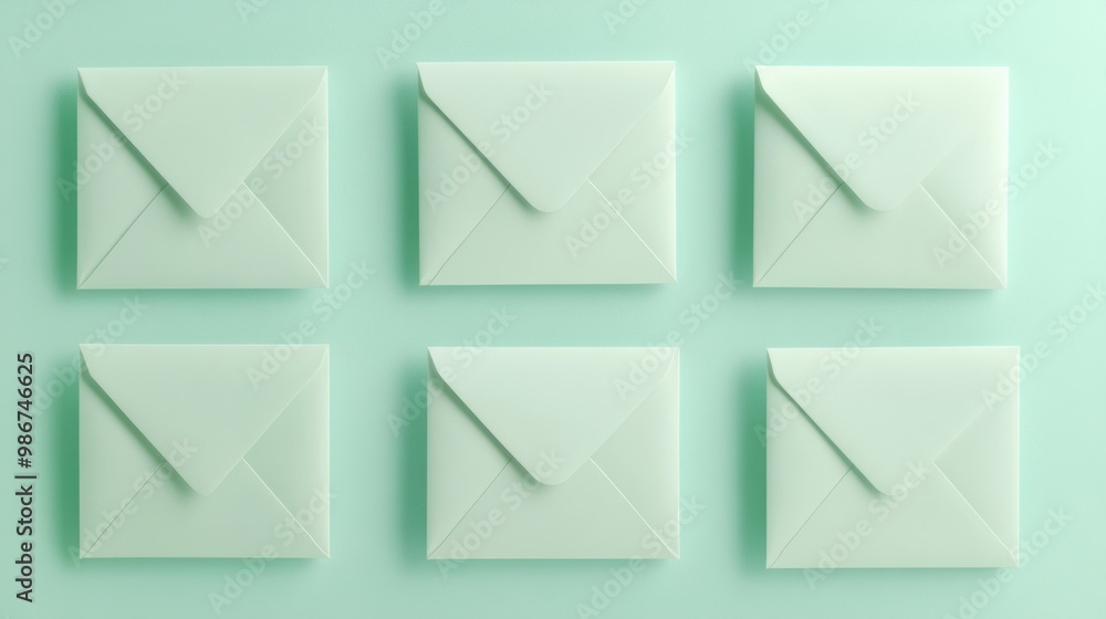 Collection of white blank envelopes in a grid pattern, isolated on a pastel mint green background, clean and simple. Collection of white blank envelopes in a grid pattern, isolated on a pastel mint green background, clean and simple.