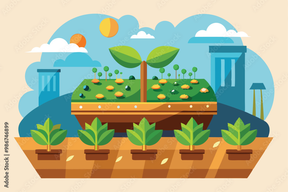 Illustration features a colorful garden scene with growing plants, sunny weather, and cheerful surroundings, Customizable flat illustration for seeding. Illustration features a colorful garden scene with growing plants, sunny weather, and cheerful surroundings, Customizable flat illustration for seeding.
