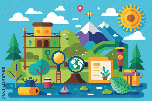 An outdoor scavenger hunt features a colorful landscape with mountains, exploring tools, and visual elements, Customizable flat illustration for scavenger hunt.