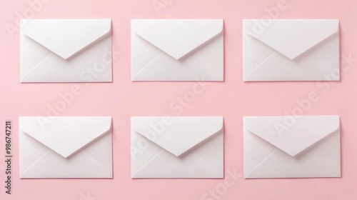 Set of blank white envelopes arranged neatly on a pastel pink background, creating a minimalist and clean look.