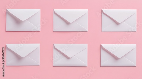 Set of blank white envelopes arranged neatly on a pastel pink background, creating a minimalist and clean look.