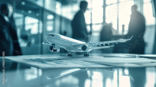 A group of blurred businessmen discuss the acquisition of an airline company, with a model airplane and some financial charts on the table.aviation industry, business, finance,negotiation,shareholder.