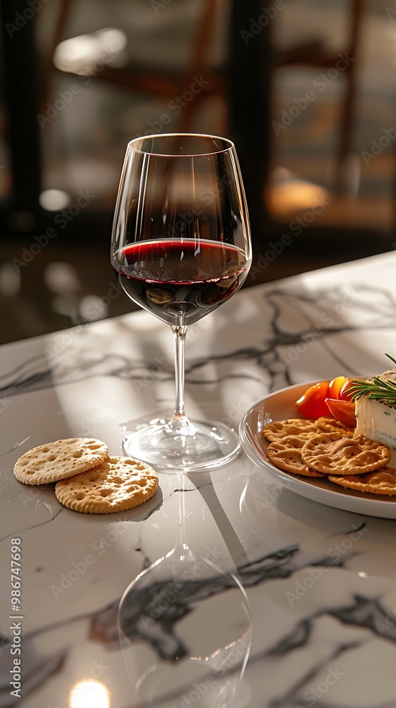 A commercial image of a glass of red wine next to a plate of gourmet cheese and crackers, styled on a marble countertop with elegant lighting for a refined and sophisticated look. 8k UHD, suitable A commercial image of a glass of red wine next to a plate of gourmet cheese and crackers, styled on a marble countertop with elegant lighting for a refined and sophisticated look. 8k UHD, suitable