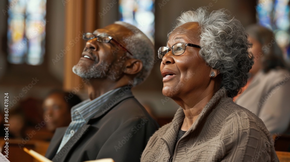 Senior couple attending a religious service, singing hymns together Senior couple attending a religious service, singing hymns together