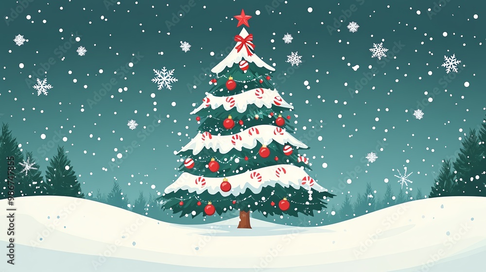 Christmas tree with candy canes and snowflakes, flat design illustration Christmas tree with candy canes and snowflakes, flat design illustration