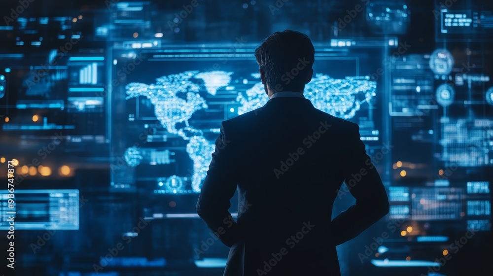 Businessman Looking at Global Data Analytics on Monitors Businessman Looking at Global Data Analytics on Monitors