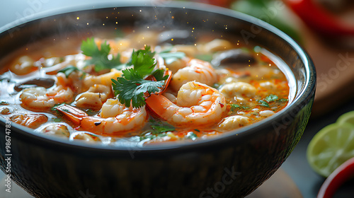 Delicious seafood soup with shrimp, herbs, and spices, served hot in a black bowl, perfect for a comforting meal. photo