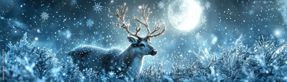 A majestic deer stands gracefully in a snowy landscape under a glowing moon, showcasing the beauty of winter's tranquility. A majestic deer stands gracefully in a snowy landscape under a glowing moon, showcasing the beauty of winter's tranquility.