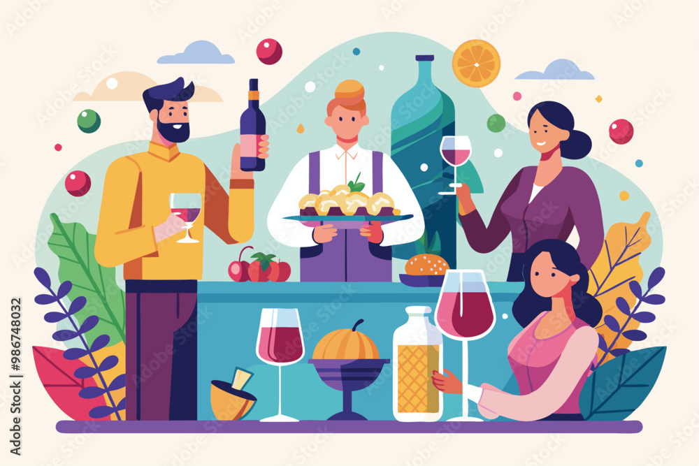 Friends gather around a table to savor delicious dishes and exquisite beverages during a tasting event, Customizable flat illustration for tasting. Friends gather around a table to savor delicious dishes and exquisite beverages during a tasting event, Customizable flat illustration for tasting.