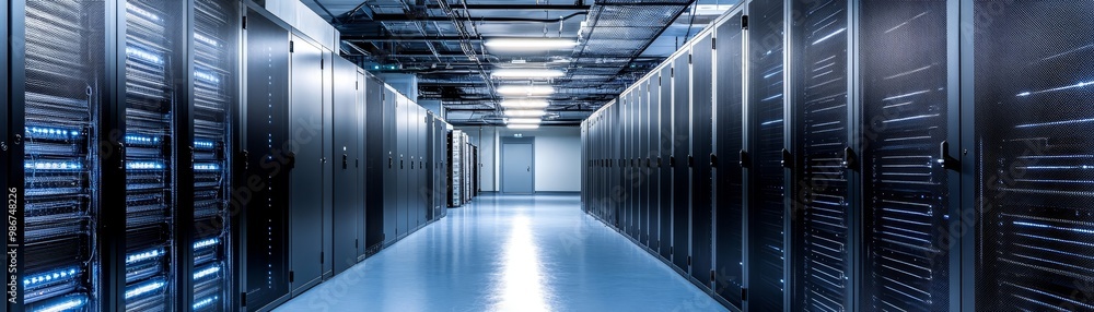 Naklejka premium Server Room Interior with Network Servers and Data Center Technology