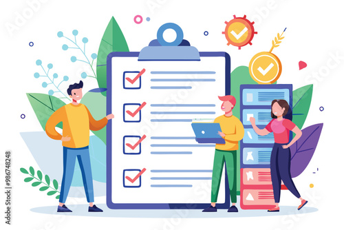 A vibrant illustration of a team discussing a checklist, emphasizing collaboration and organization, Customizable flat illustration for team checklist.