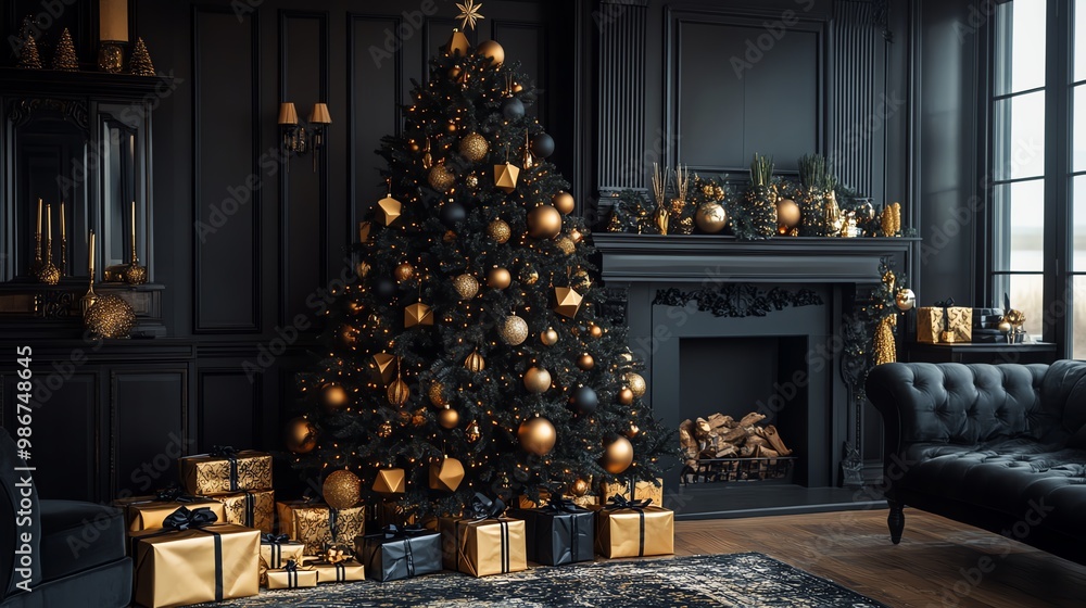 Elegant black and gold Christmas tree with geometric ornaments and glittering garlands, designed for a chic, modern setting, Chic holiday, Luxury Christmas decor Elegant black and gold Christmas tree with geometric ornaments and glittering garlands, designed for a chic, modern setting, Chic holiday, Luxury Christmas decor