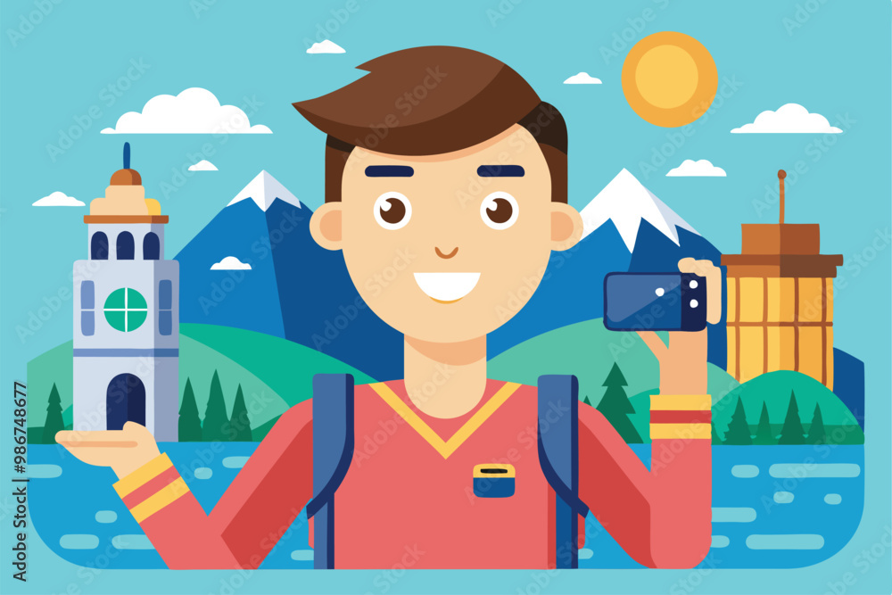 A traveler smiles while capturing a selfie with stunning mountains and iconic landmarks around, Customizable flat illustration for travel selfies. A traveler smiles while capturing a selfie with stunning mountains and iconic landmarks around, Customizable flat illustration for travel selfies.