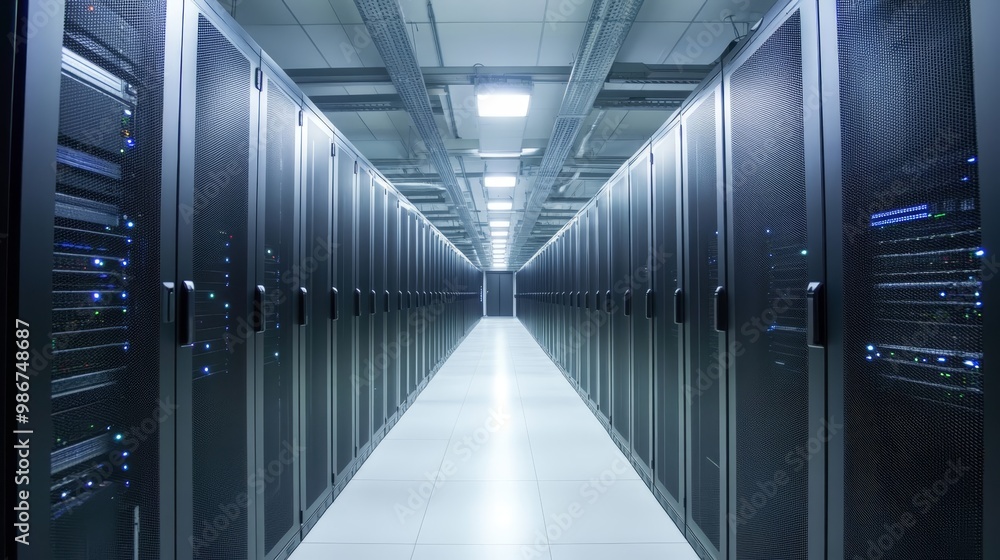 Data Center Servers In A Row With Illuminated Network Racks Data Center Servers In A Row With Illuminated Network Racks