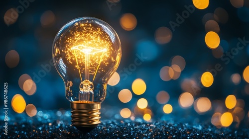 Glowing Light Bulb with Sparkles and Bokeh