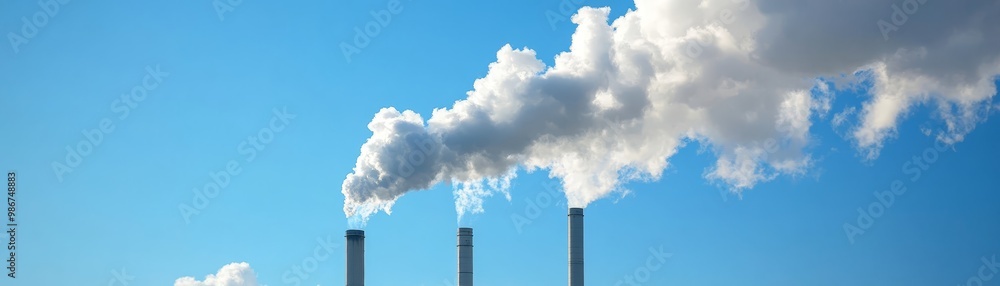 Smoke Stack Emissions Against Blue Sky and White Clouds Smoke Stack Emissions Against Blue Sky and White Clouds