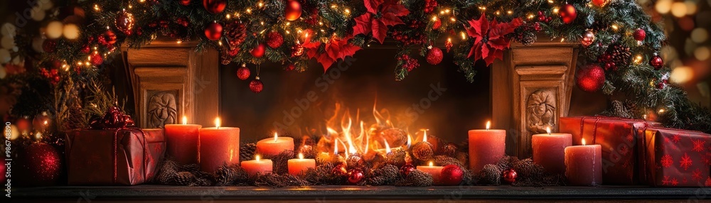 A cozy fireplace adorned with festive decorations, glowing candles, and Christmas gifts, creating a warm holiday atmosphere. A cozy fireplace adorned with festive decorations, glowing candles, and Christmas gifts, creating a warm holiday atmosphere.