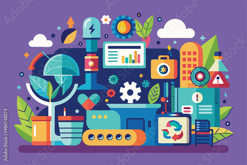 This colorful illustration features various upcycling elements, including tools, plants, and recycling symbols, Customizable flat illustration for upcycling