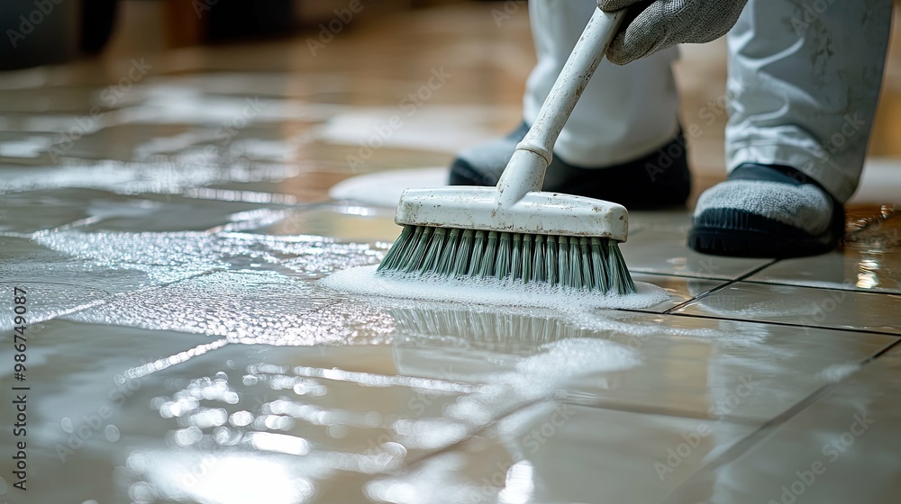 Closeup of a Cleaning Brush Scrubbing a Tile Floor with Soapy Water Closeup of a Cleaning Brush Scrubbing a Tile Floor with Soapy Water