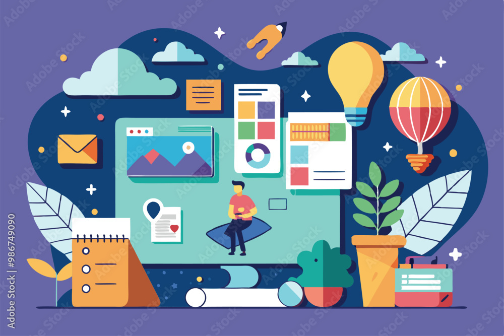 Naklejka premium A vibrant flat illustration showcases elements for assembling a vision board, inspiring creativity and organization, Customizable flat illustration for vision board