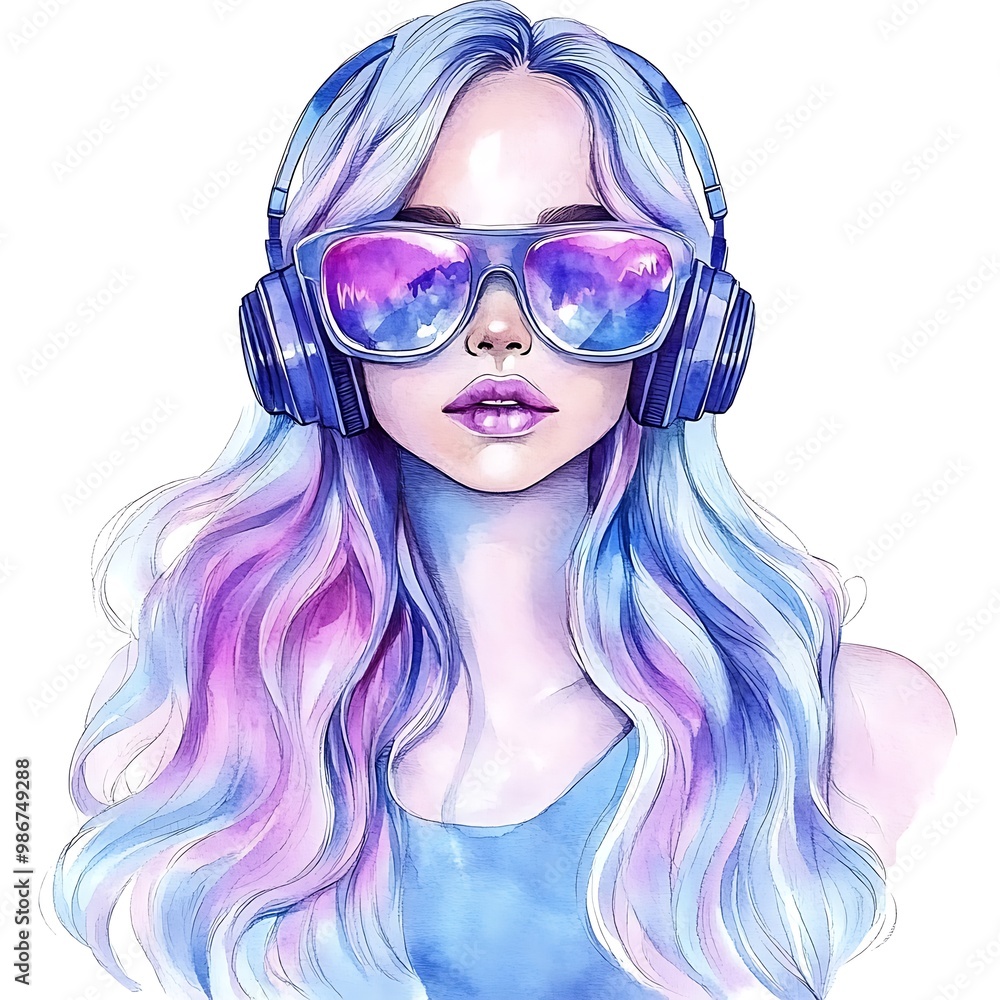 Watercolor illustration of a young woman with long hair wearing headphones and sunglasses. Watercolor illustration of a young woman with long hair wearing headphones and sunglasses.