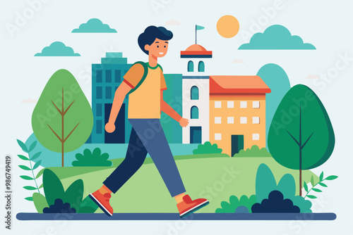 A person strolls happily along a path, surrounded by trees and charming buildings under the sun, Customizable flat illustration for walking around.