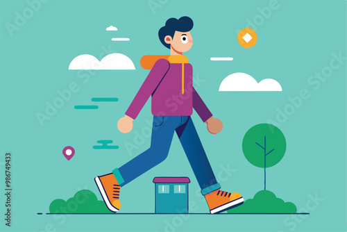 A person strolls through a vibrant urban area with trees and clouds while enjoying the clear day, Customizable flat illustration for walking around.