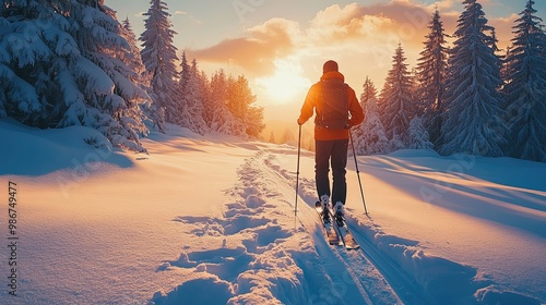 Snowshoe trekking adventure through snowy forest at sunrise