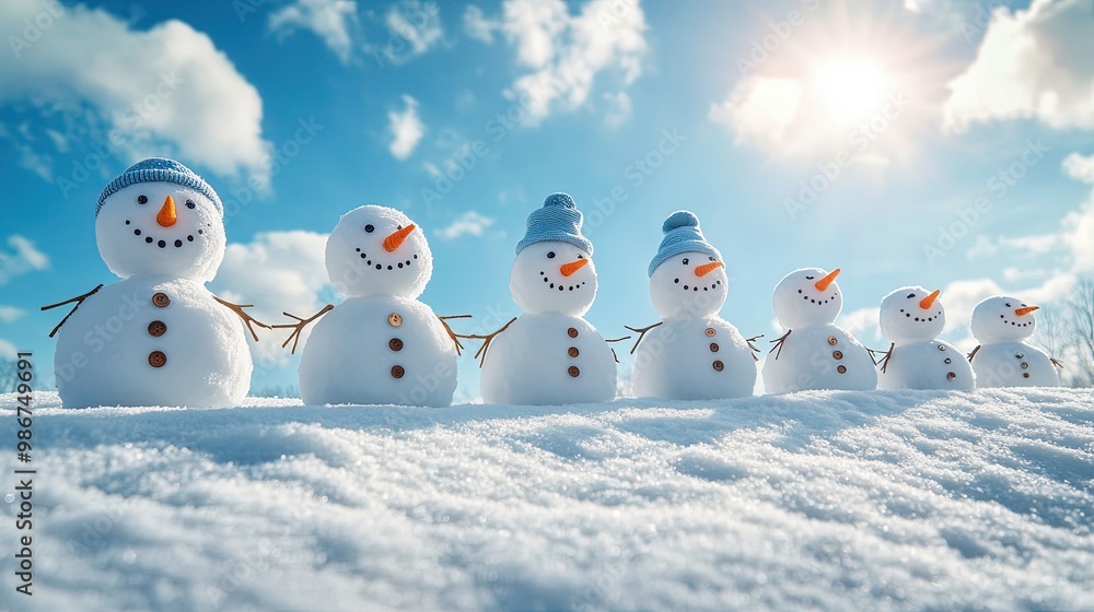 Happy snowman family with a bright blue winter sky Happy snowman family with a bright blue winter sky