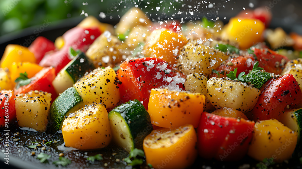 Vibrant diced vegetables sprinkled with salt and spices, perfect for a healthy meal or cooking concept. Vibrant diced vegetables sprinkled with salt and spices, perfect for a healthy meal or cooking concept.