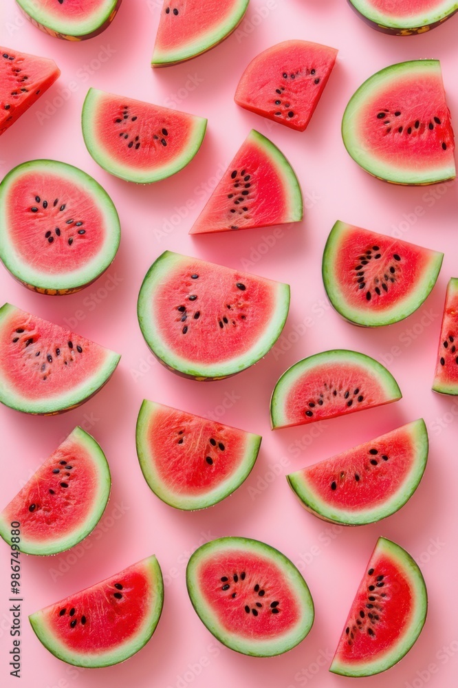 A close up of watermelon slices on a pink background A close up of watermelon slices on a pink background