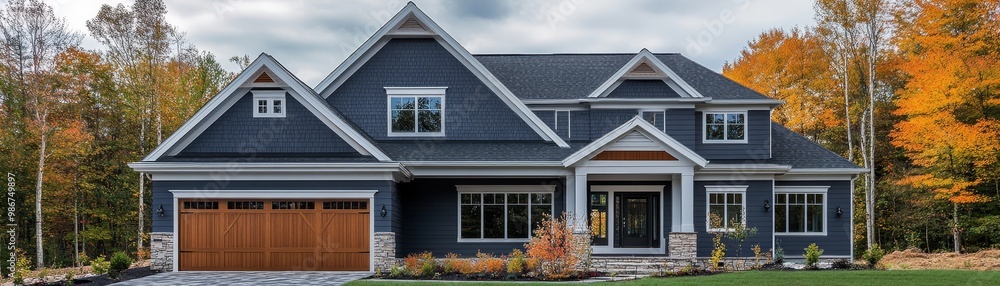 Modern Gray House with Brown Garage Door and Fall Foliage Modern Gray House with Brown Garage Door and Fall Foliage