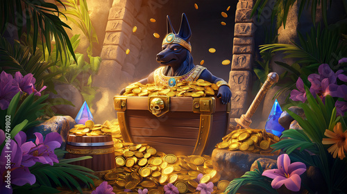 The Anubis wrath slot game character over the temple with gold coins, game background, Illustration photo