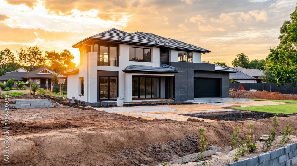 Modern Home Under Construction at Golden Hour Modern Home Under Construction at Golden Hour