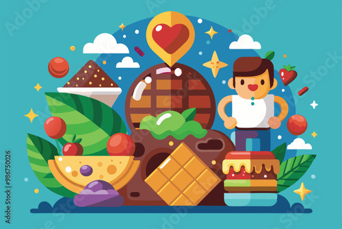 A joyful character stands among an assortment of chocolates, fruits, and desserts in a vibrant setting, Customizable flat illustration for World Chocolate Day.