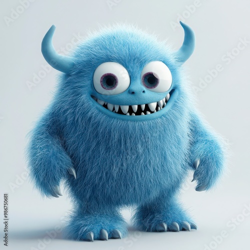 Cute blue furry monster 3D cartoon character photo