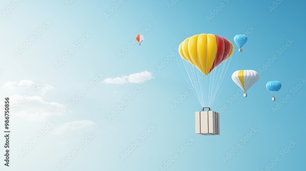 Colorful Balloons with a Suitcase in a Blue Sky Colorful Balloons with a Suitcase in a Blue Sky