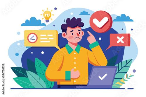 A thoughtful individual is considering choices while engaging with a laptop featuring approval and rejection symbols, Customizable flat illustration is being blamed.