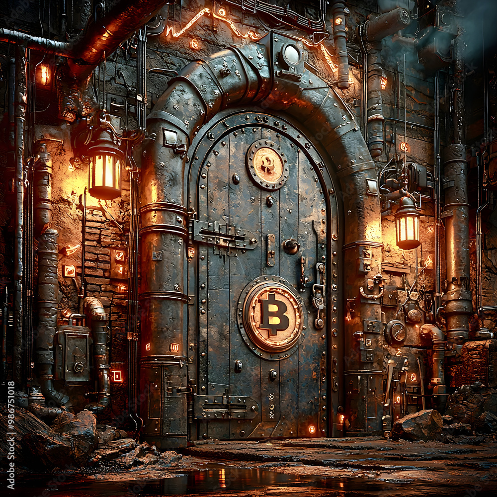 Obraz premium A mysterious industrial door adorned with Bitcoin symbols in a dimly lit, steampunk-inspired setting at night