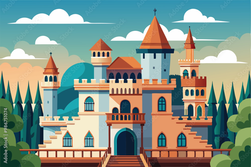 Explore the enchanting design of a castle with turrets and a scenic backdrop at twilight, Customizable flat illustration of a balcony castle Explore the enchanting design of a castle with turrets and a scenic backdrop at twilight, Customizable flat illustration of a balcony castle